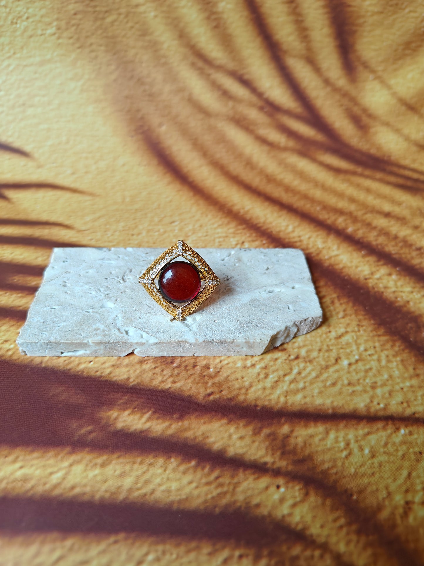 Square Cherry Amber Ring with Cubic Zirconias in Gold Plated Silver