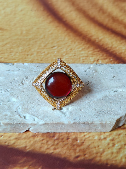 Square Cherry Amber Ring with Cubic Zirconias in Gold Plated Silver