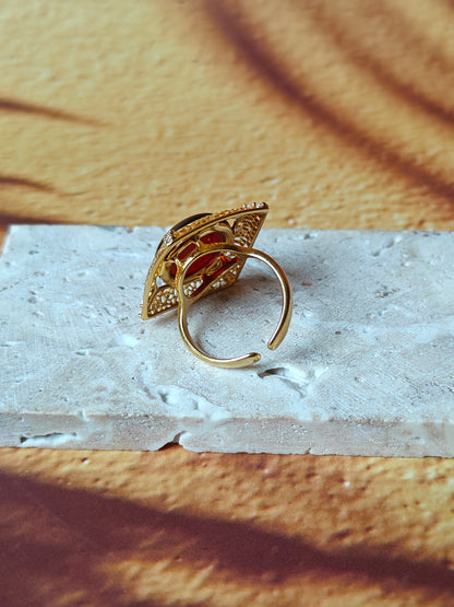 Square Cherry Amber Ring with Cubic Zirconias in Gold Plated Silver