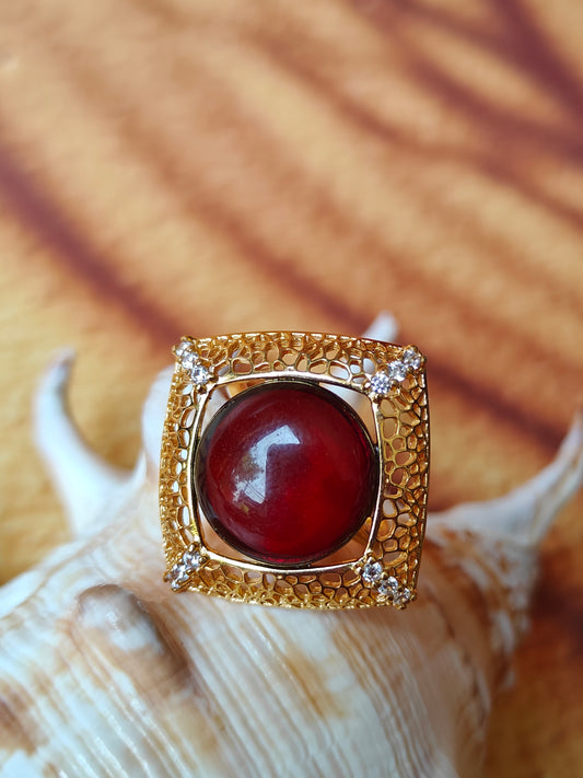 Square Cherry Amber Ring with Cubic Zirconias in Gold Plated Silver