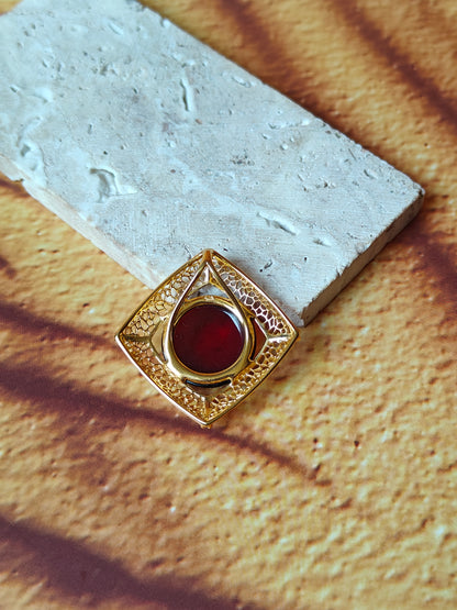 Square Cherry Amber Pendant with Cubic Zirconias in Gold Plated Silver