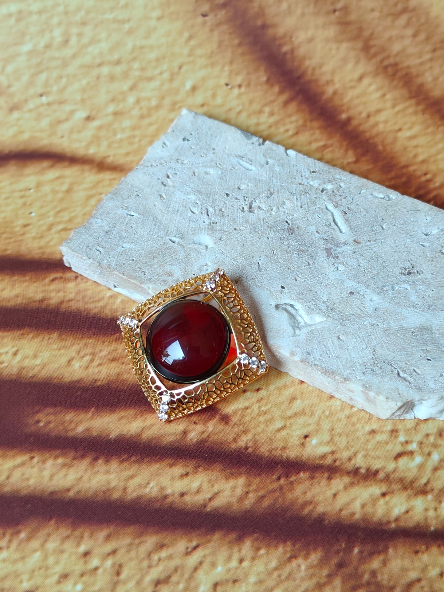 Square Cherry Amber Pendant with Cubic Zirconias in Gold Plated Silver