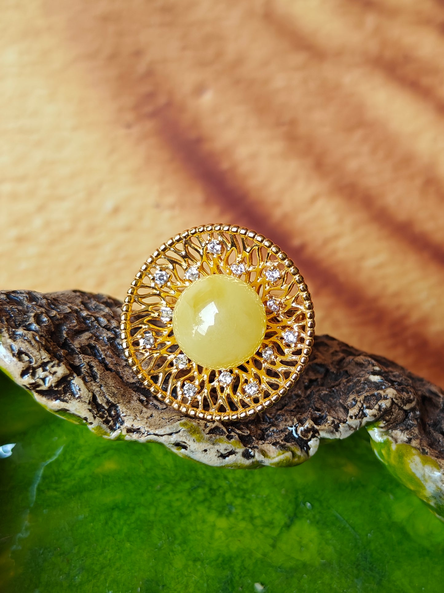 Supertree Ring with Royal White Amber and Cubic Zirconias in Gold Plated Silver