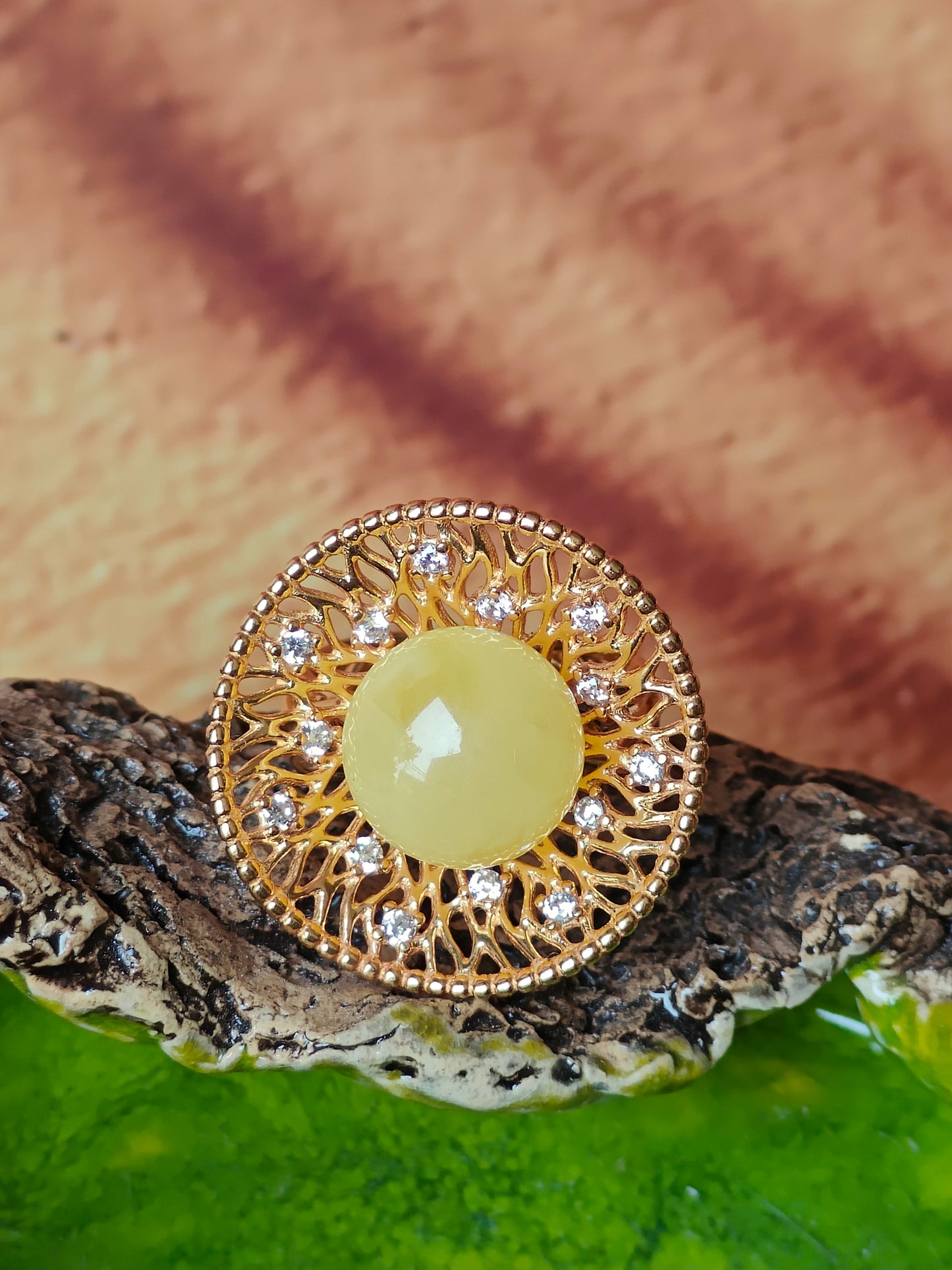 Supertree Ring with Royal White Amber and Cubic Zirconias in Gold Plated Silver