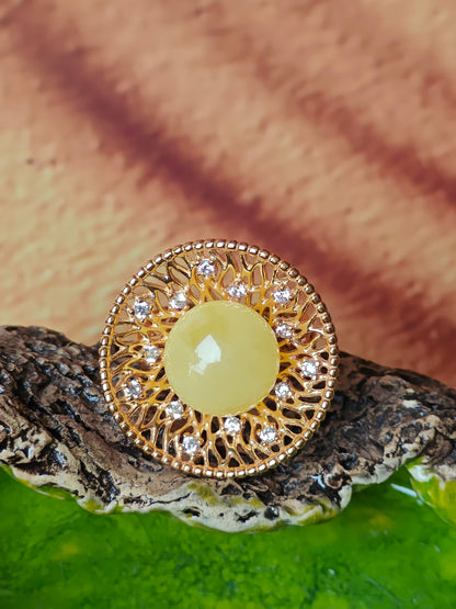 Supertree Ring with Royal White Amber and Cubic Zirconias in Gold Plated Silver