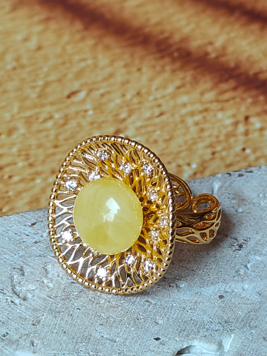 Supertree Ring with Royal White Amber and Cubic Zirconias in Gold Plated Silver