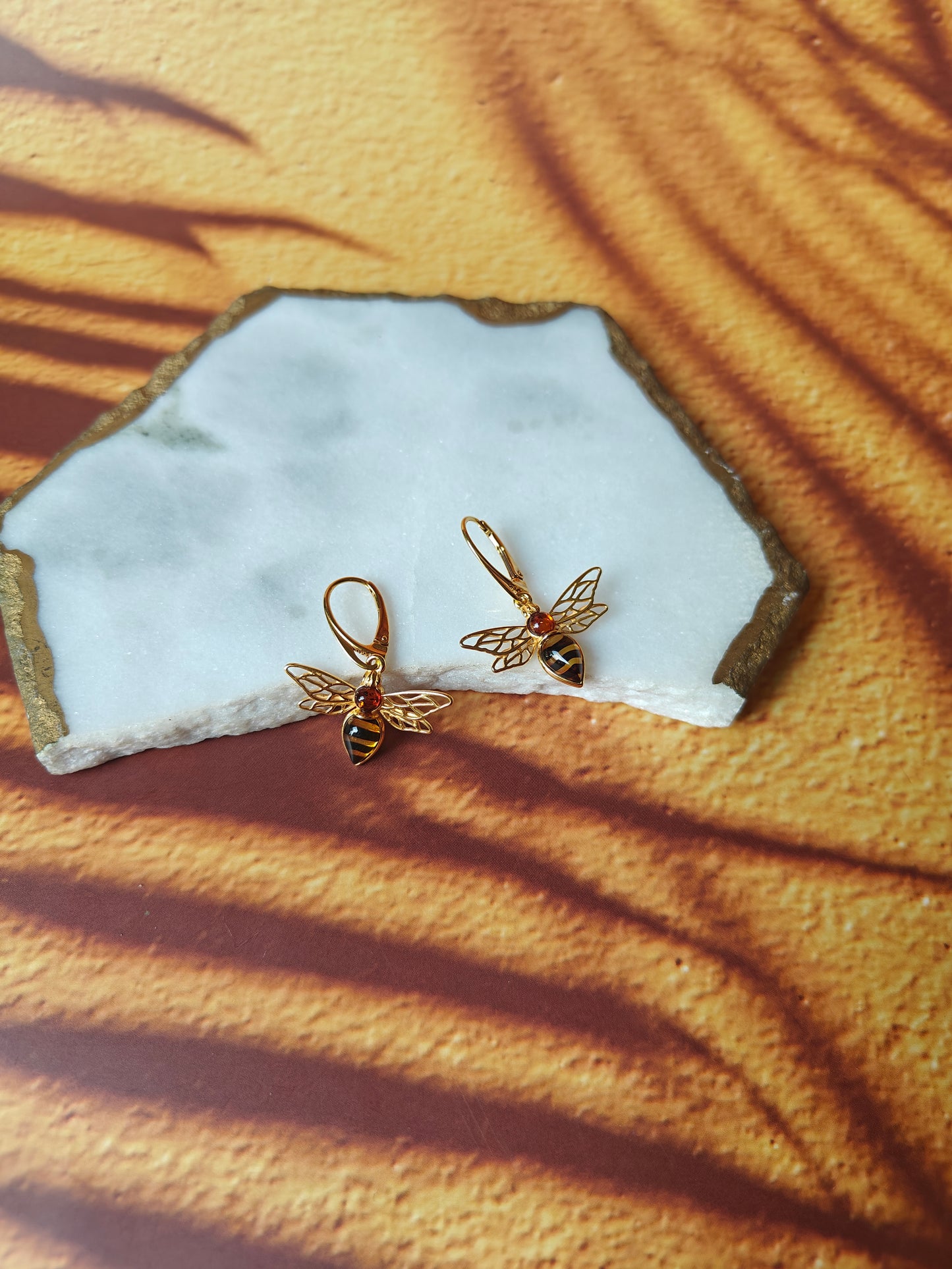 Bee Shaped Citron and Cognac Amber Dangling Earrings in Gold Plated Silver