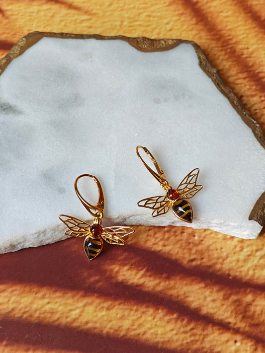 Bee Shaped Citron and Cognac Amber Dangling Earrings in Gold Plated Silver