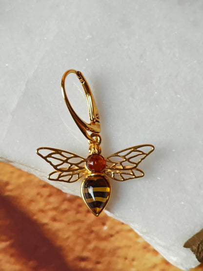 Bee Shaped Citron and Cognac Amber Dangling Earrings in Gold Plated Silver