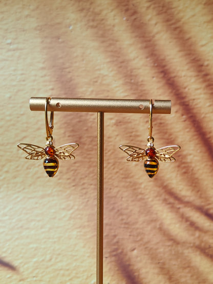 Bee Shaped Citron and Cognac Amber Dangling Earrings in Gold Plated Silver