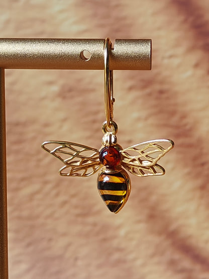 Bee Shaped Citron and Cognac Amber Dangling Earrings in Gold Plated Silver