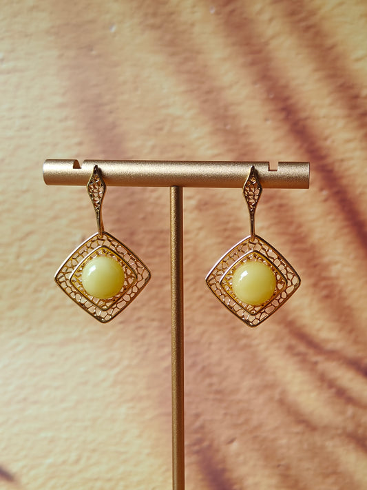 Square Butterscotch Amber Stud Dangling Earrings with in Gold Plated Silver