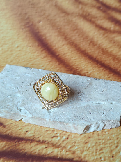 Square Butterscotch Amber Set with in Gold Plated Silver