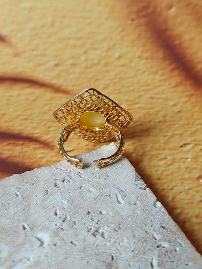 Square Butterscotch Amber Ring with in Gold Plated Silver