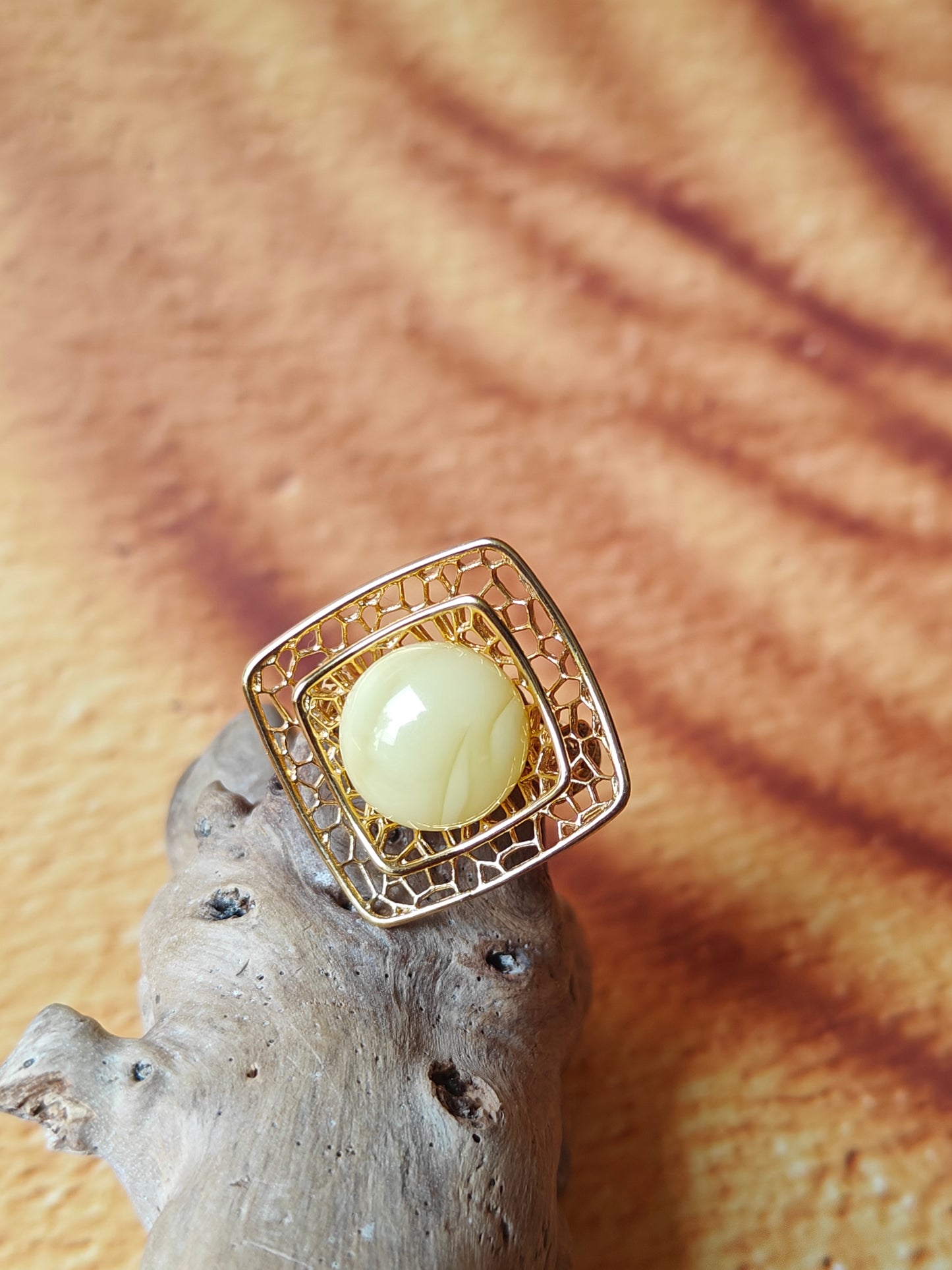 Square Butterscotch Amber Ring with in Gold Plated Silver