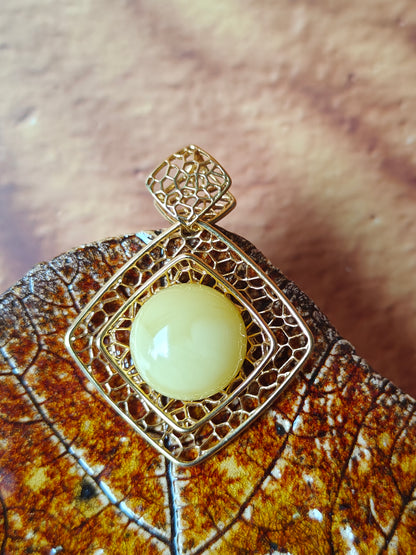 Square Butterscotch Amber Pendant with in Gold Plated Silver