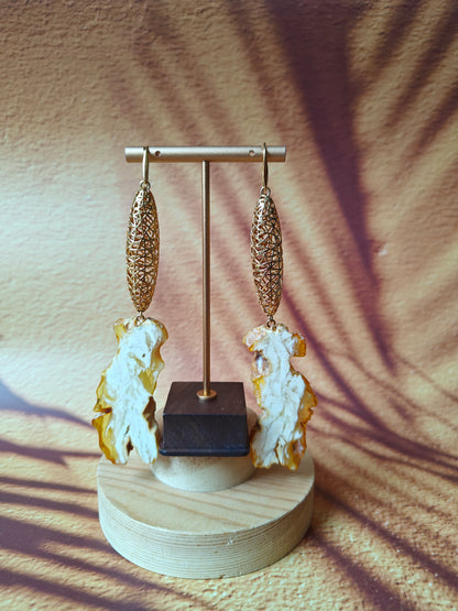 Unique Huge Raw Royal White Amber Dangling Earrings with Gold Plated Silver Cages