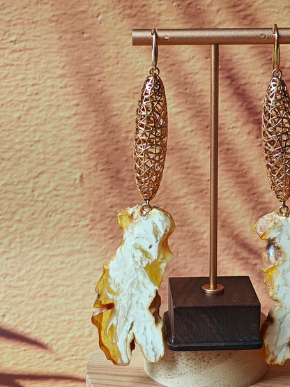 Unique Huge Raw Royal White Amber Dangling Earrings with Gold Plated Silver Cages