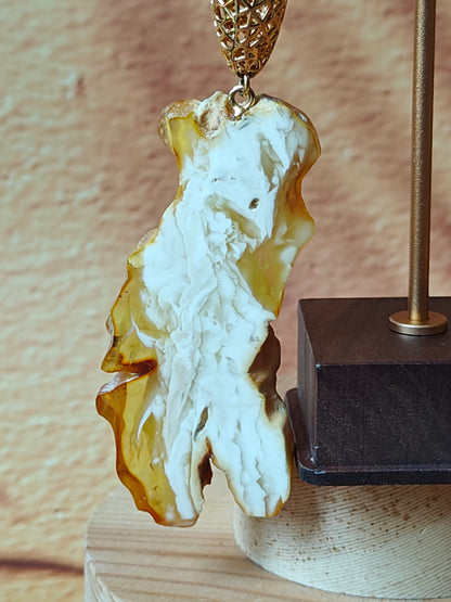 Unique Huge Raw Royal White Amber Dangling Earrings with Gold Plated Silver Cages