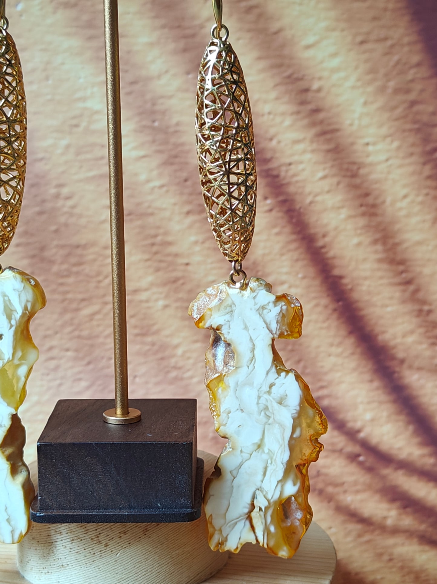 Unique Huge Raw Royal White Amber Dangling Earrings with Gold Plated Silver Cages