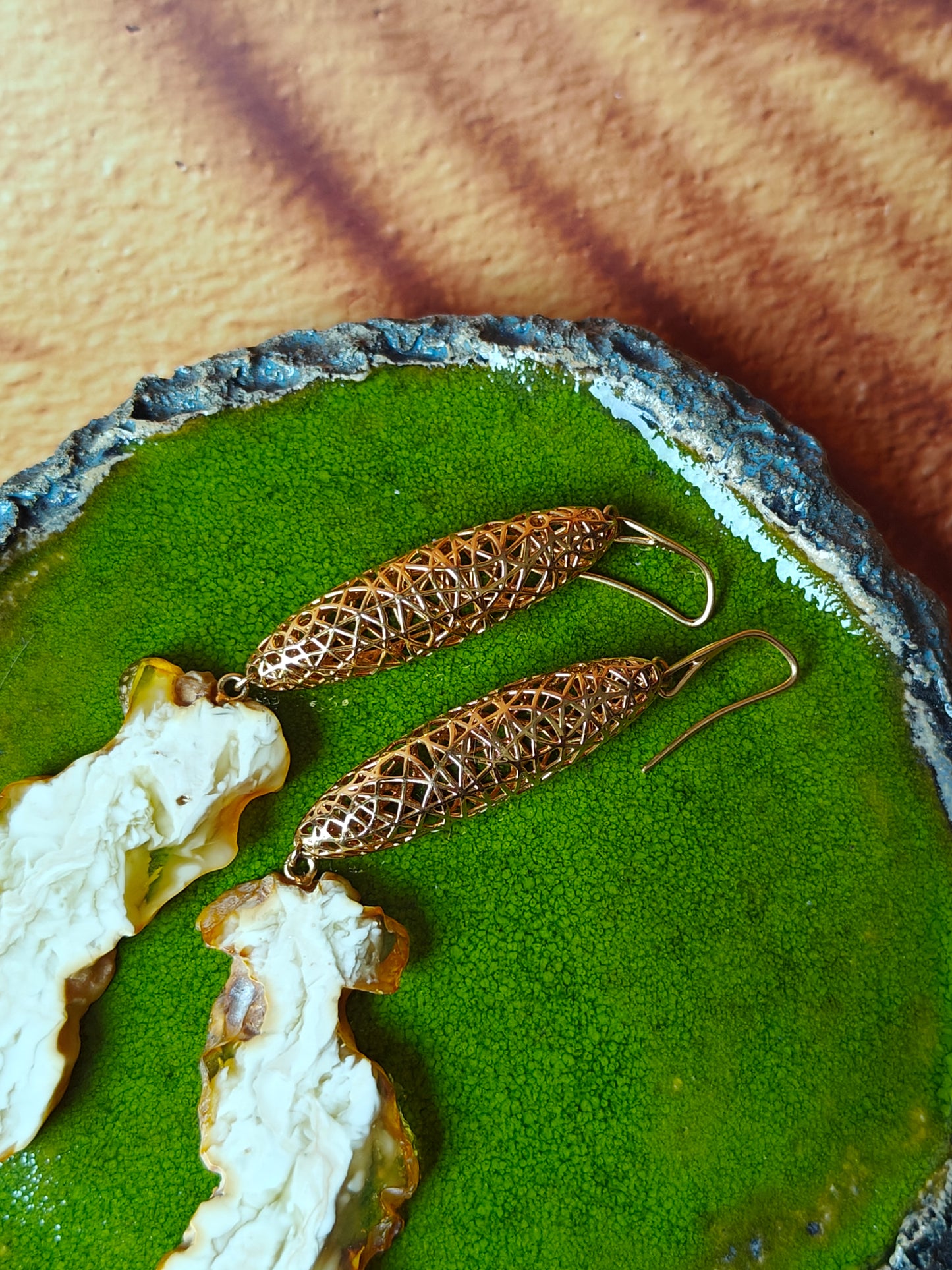 Unique Huge Raw Royal White Amber Dangling Earrings with Gold Plated Silver Cages