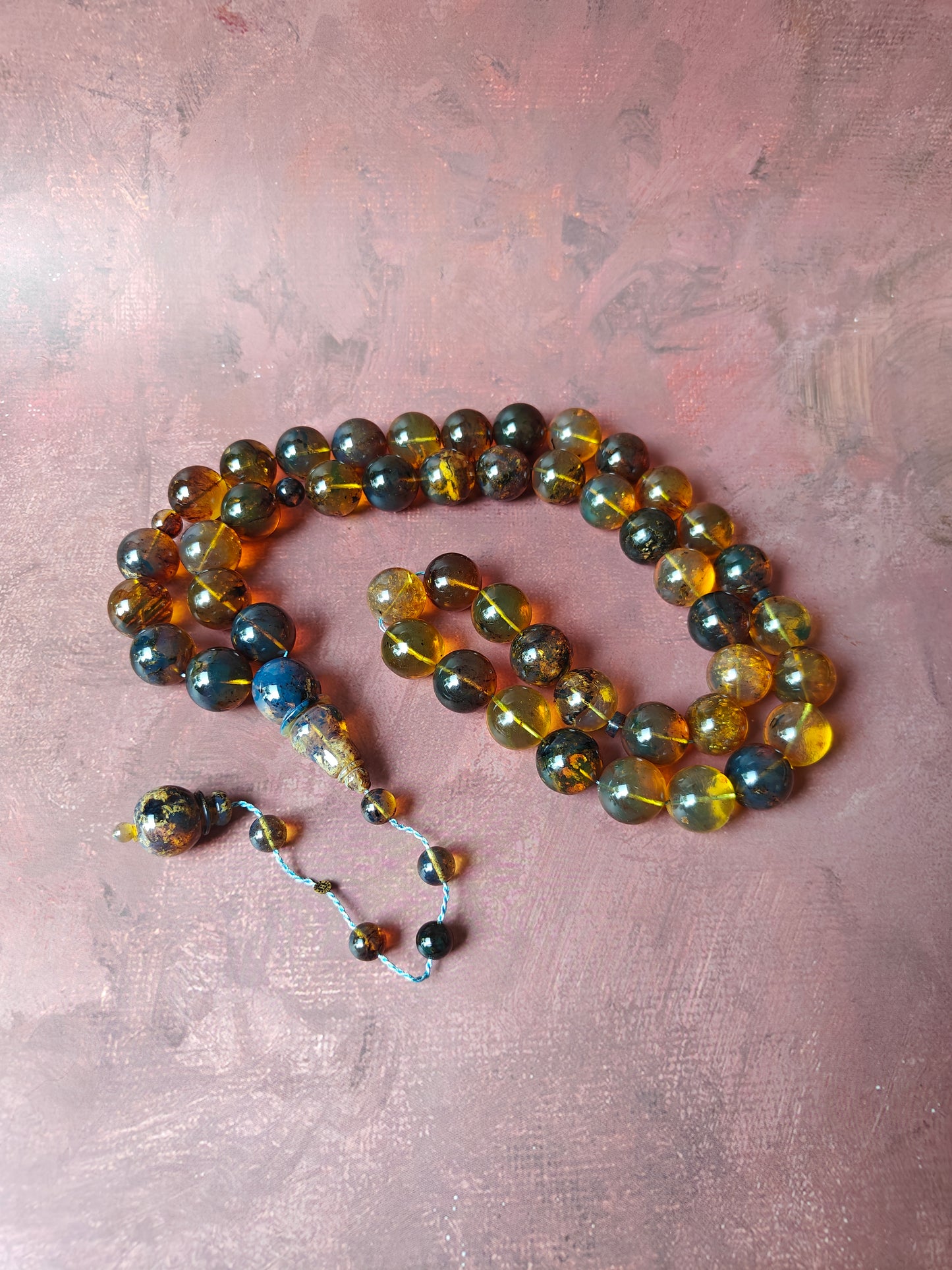 Unique Blue Dominican Amber Misbaha 47 Beads Extremely Rare