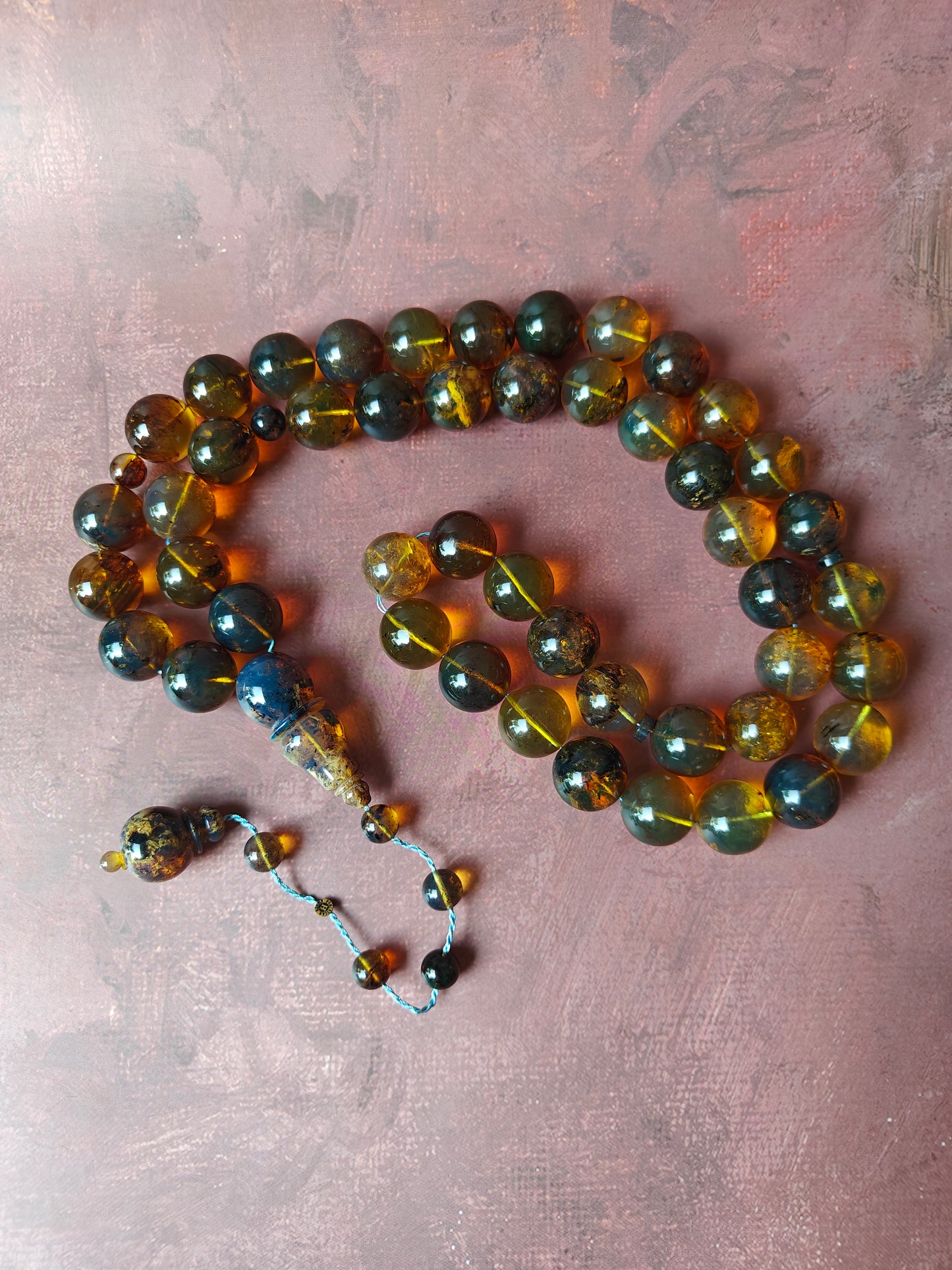 Unique Blue Dominican Amber Misbaha 47 Beads Extremely Rare