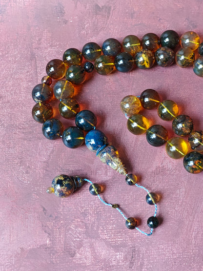 Unique Blue Dominican Amber Misbaha 47 Beads Extremely Rare