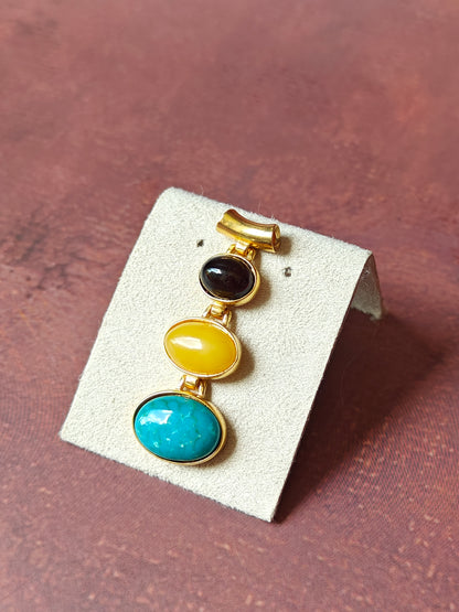 Butterscotch Amber, Cherry Amber and Iranian Turquoise Gold Plated Pendant with Chain