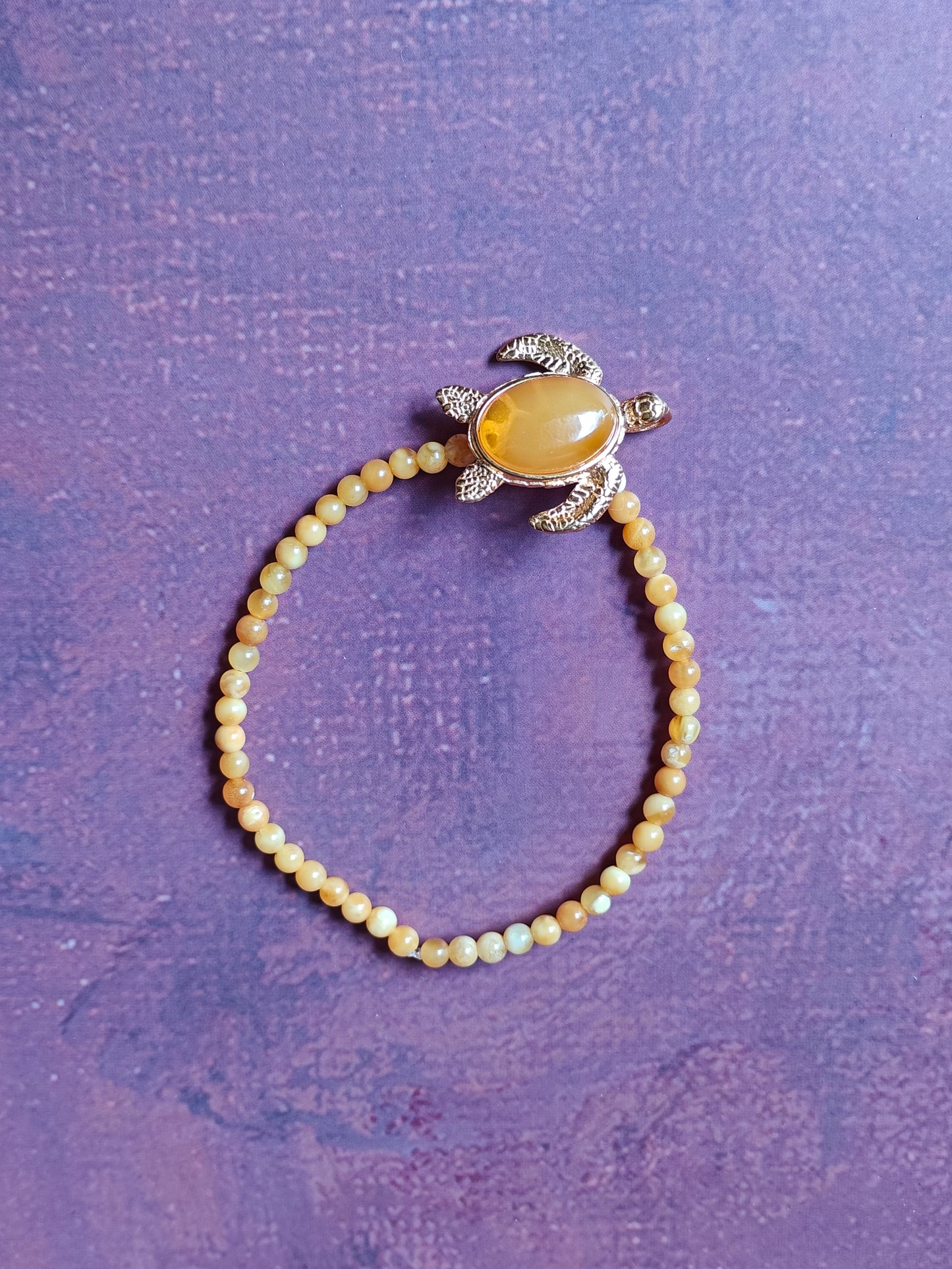 Micro Beaded Natural Amber Bracelet With Honey Gold Plated Silver Turtle