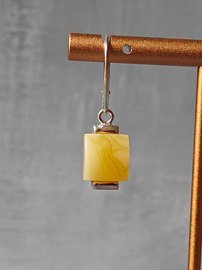 Milk / Royal White Rectangular Amber Earrings with Silver