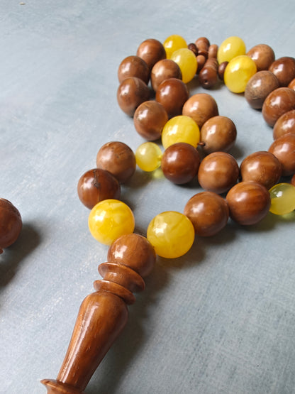 Natural Baltic Amber + Kokka Wood Prayer Beads / Misbaha 33 Beads