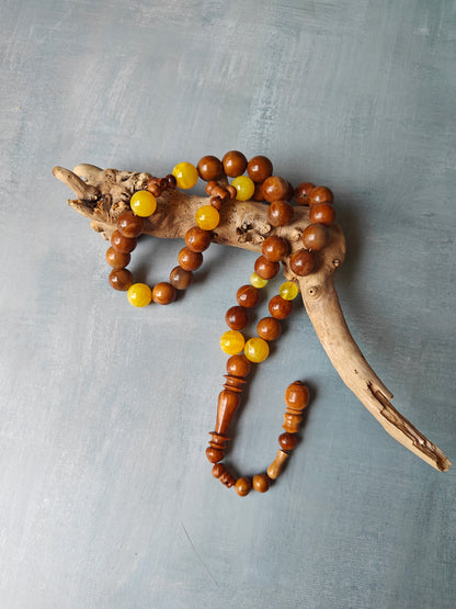 Natural Baltic Amber + Kokka Wood Prayer Beads / Misbaha 33 Beads