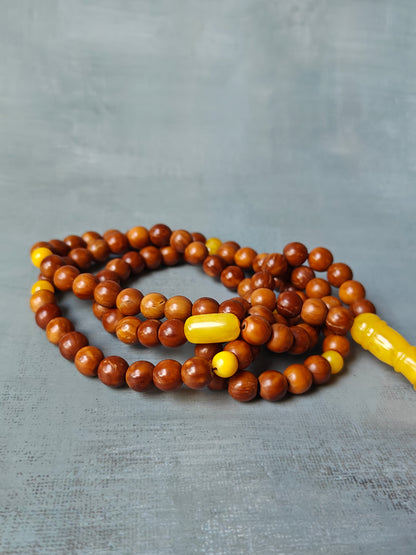 Turkish Kokka Wood Rosary with Butterscotch Amber Imami 99 Beads