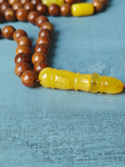 Turkish Kokka Wood Rosary with Butterscotch Amber Imami 99 Beads