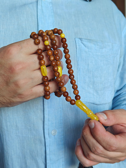 Turkish Kokka Wood Rosary with Butterscotch Amber Imami 99 Beads