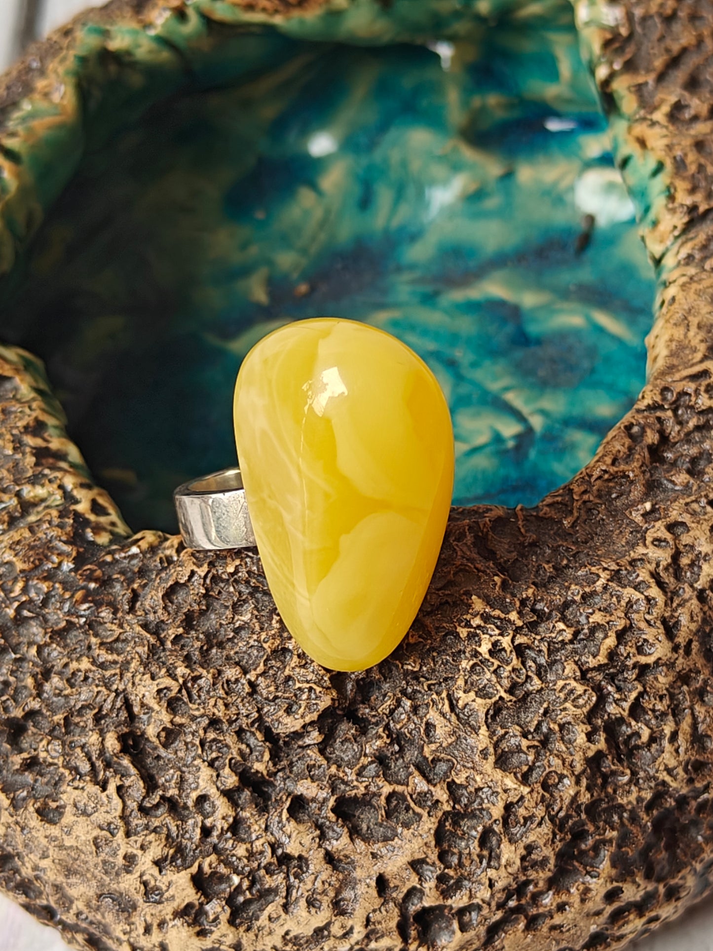 Irregular Butterscotch Amber Ring With Silver