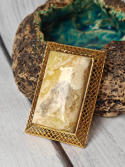 Unique Large Royal White Rectangular Amber Pendant with Gold Plated Silver Frame And Chain