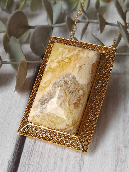 Unique Large Royal White Rectangular Amber Pendant with Gold Plated Silver Frame And Chain