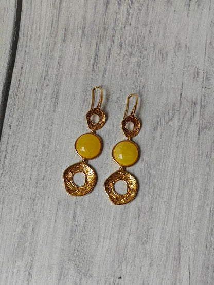 3 Parts Round Butterscotch Amber and Gold Plated Silver Dangling Earrings