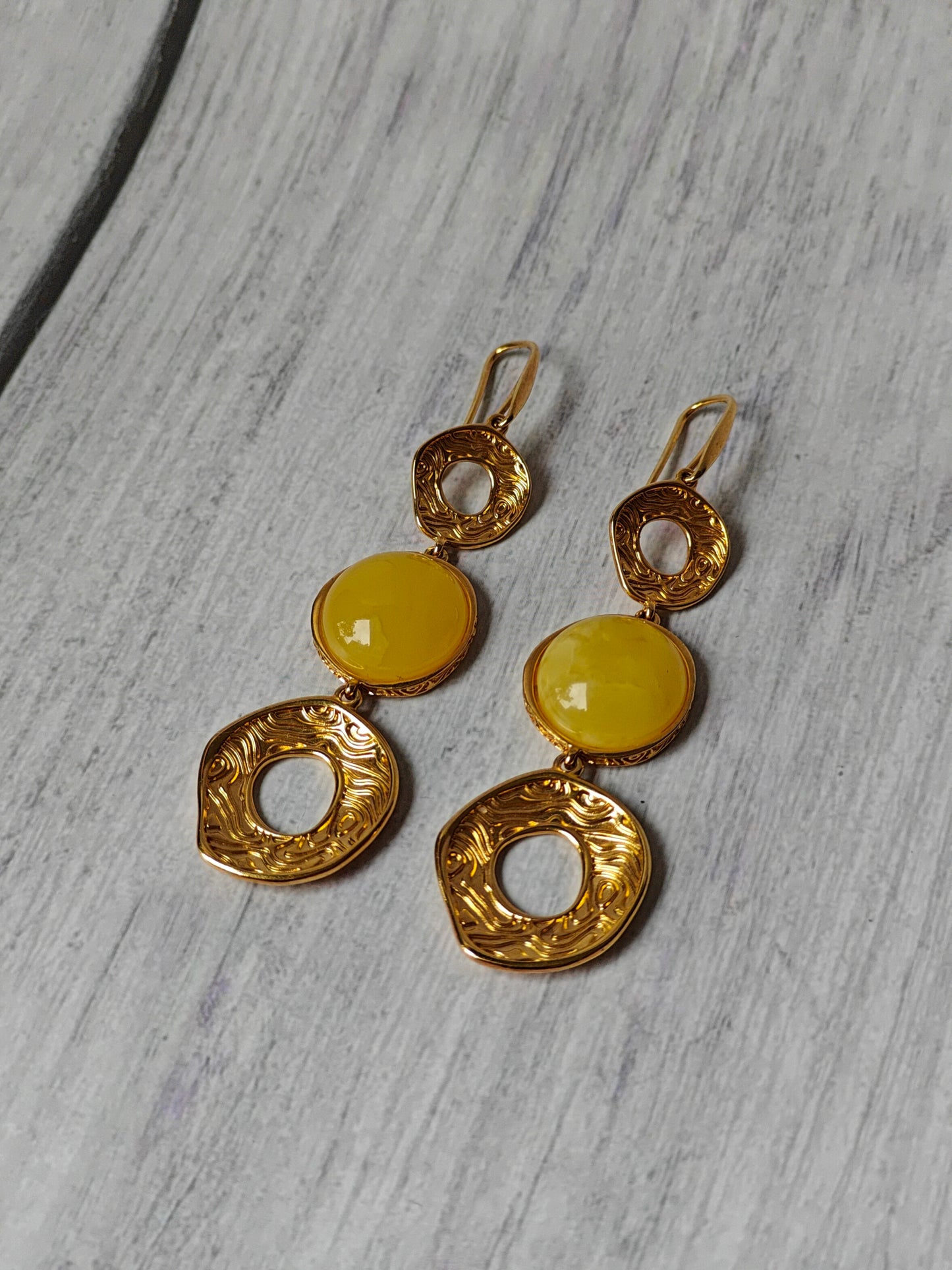 3 Parts Round Butterscotch Amber and Gold Plated Silver Dangling Earrings