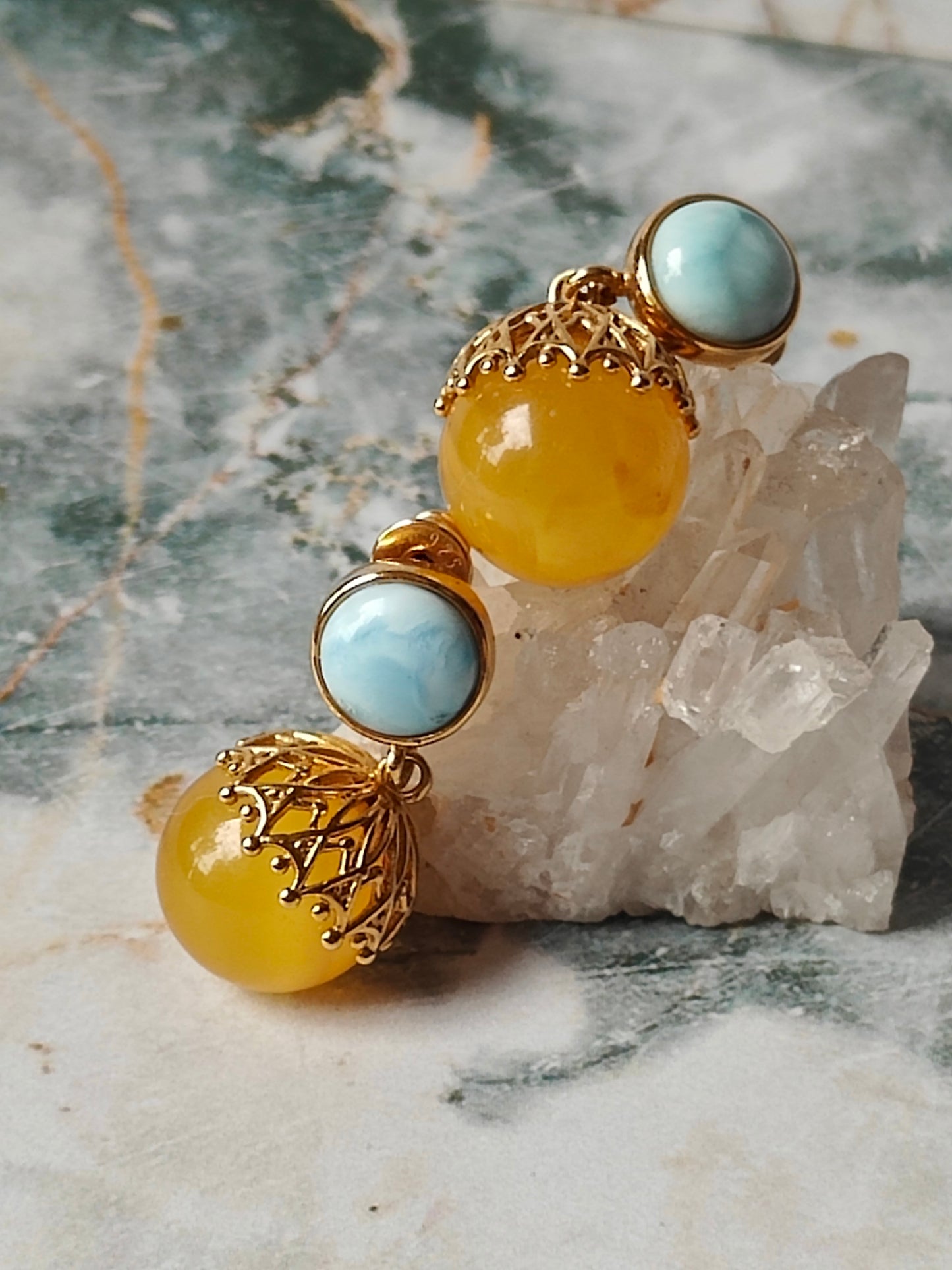 Natural Butterscotch Amber + Larimar Dangling Round Earrings in Gold Plated Silver