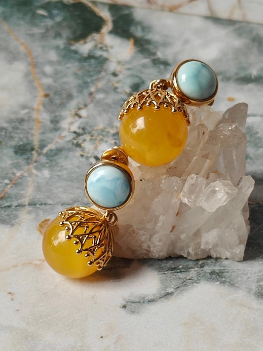 Natural Butterscotch Amber + Larimar Dangling Round Earrings in Gold Plated Silver