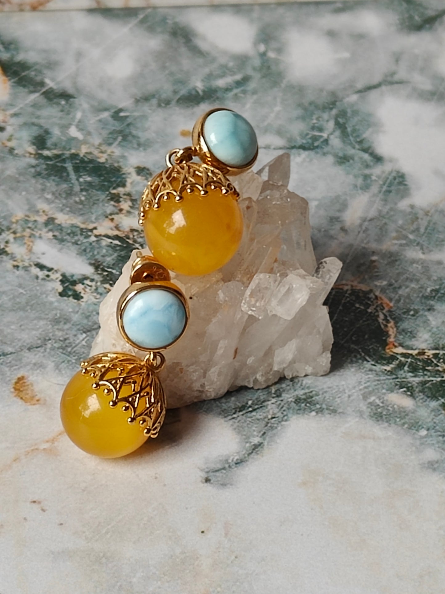 Natural Butterscotch Amber + Larimar Dangling Round Earrings in Gold Plated Silver