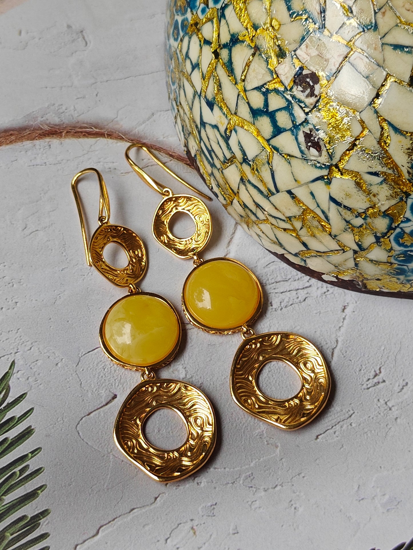 3 Parts Round Butterscotch Amber and Gold Plated Silver Dangling Earrings