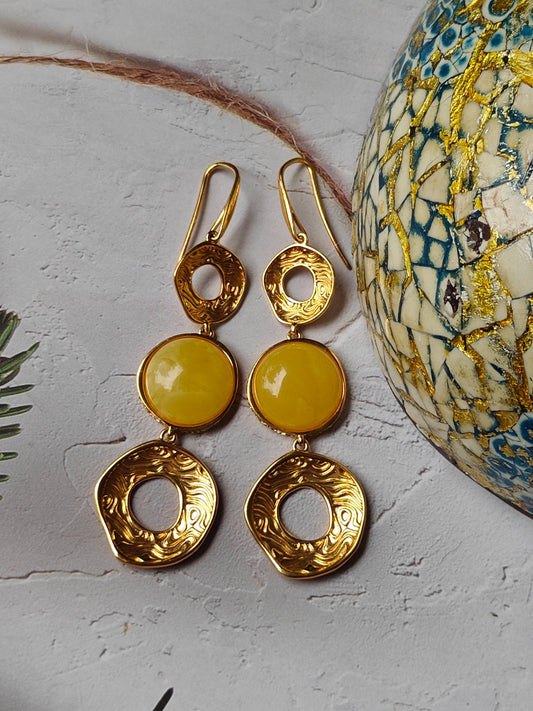 3 Parts Round Butterscotch Amber and Gold Plated Silver Dangling Earrings