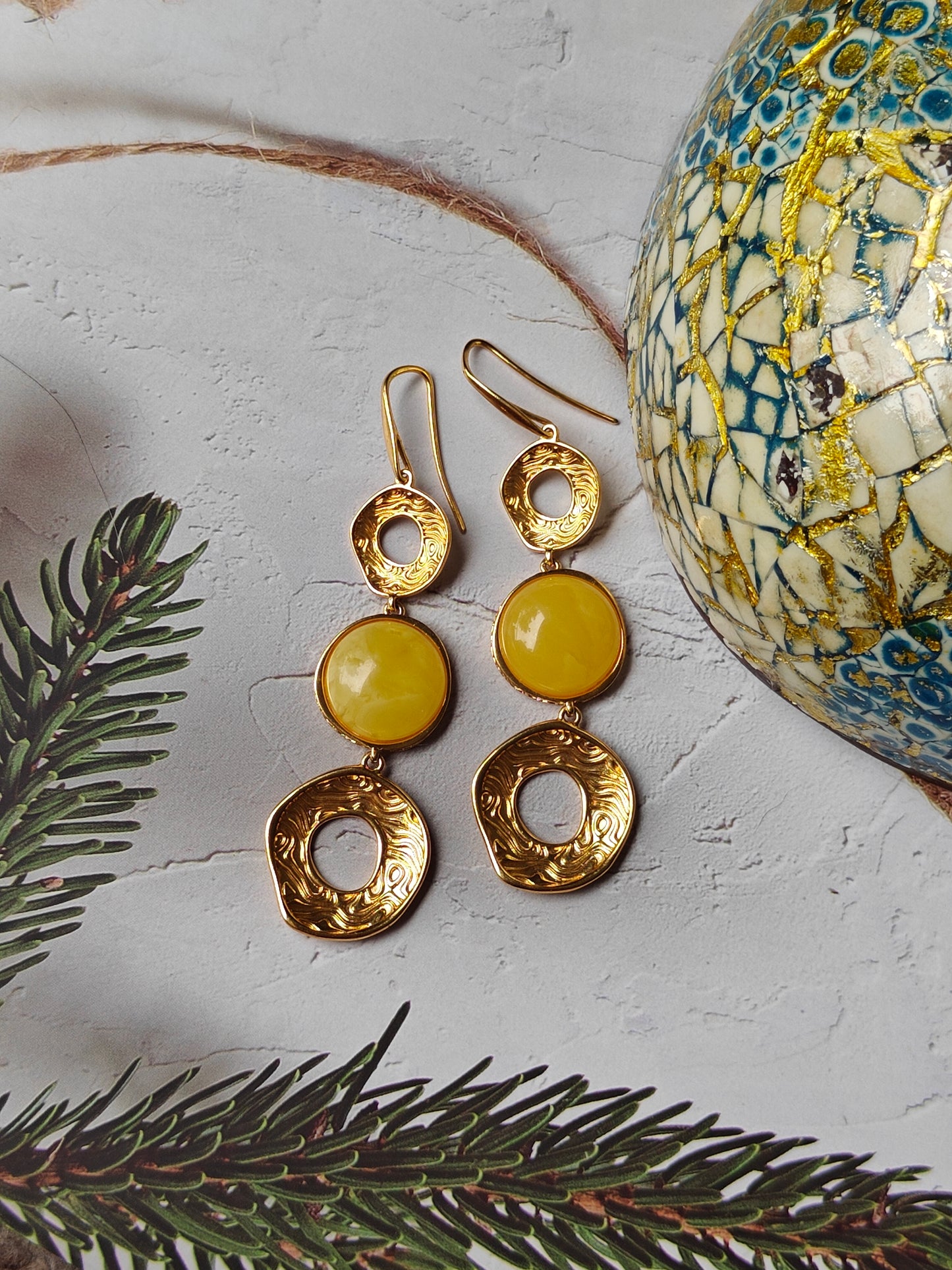 3 Parts Round Butterscotch Amber and Gold Plated Silver Dangling Earrings