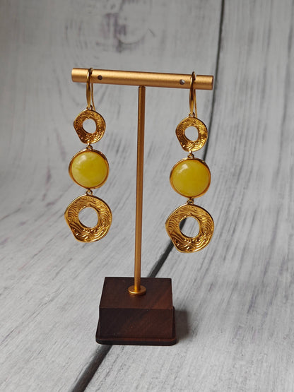 3 Parts Round Butterscotch Amber and Gold Plated Silver Dangling Earrings