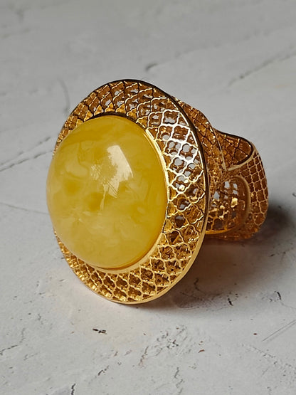 Huge Artistic Ring with Natural Butterscotch Amber in Gold Plated Silver