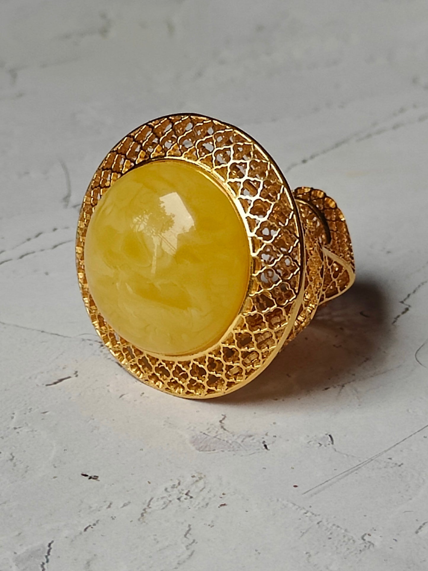 Huge Artistic Ring with Natural Butterscotch Amber in Gold Plated Silver